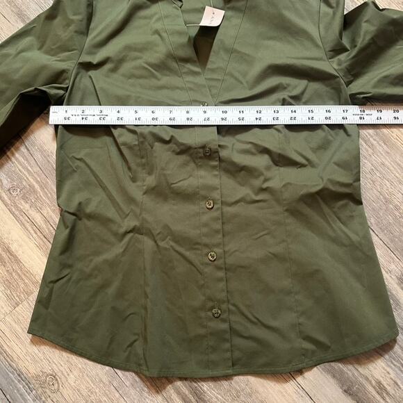 Ann Taylor Petite Blouse Button-Up Green Cuffed Sleeves V-neck Size 10P - Picture 3 of 6